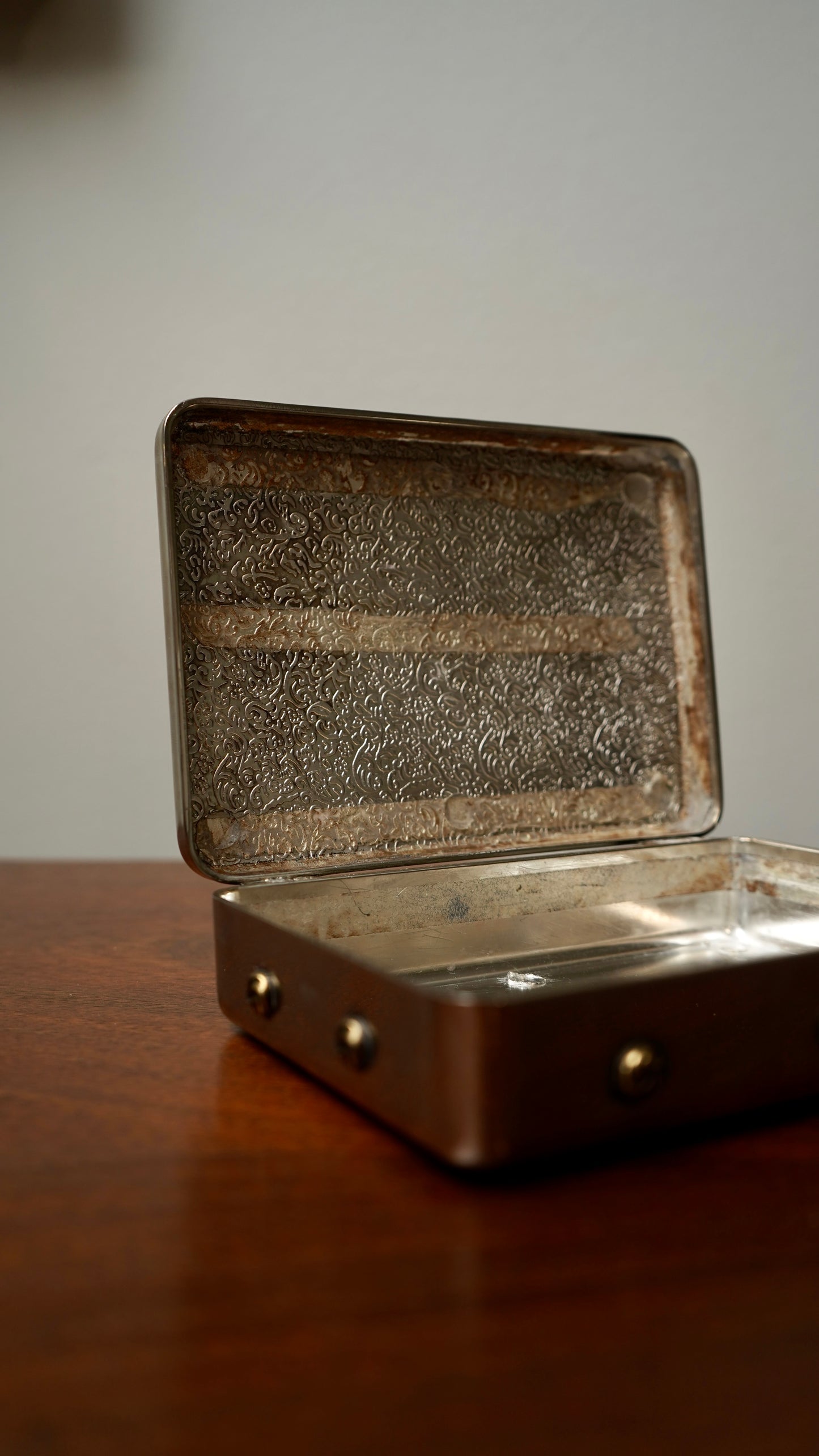 Vintage Silver-Plated Jewelry Box with Amethyst Glass Cabochon and Repoussé Medallion, Mid-20th Century