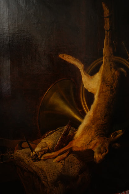 Antique Large 19th Century Continental Hunting Still Life Oil Painting, Hare and Horn