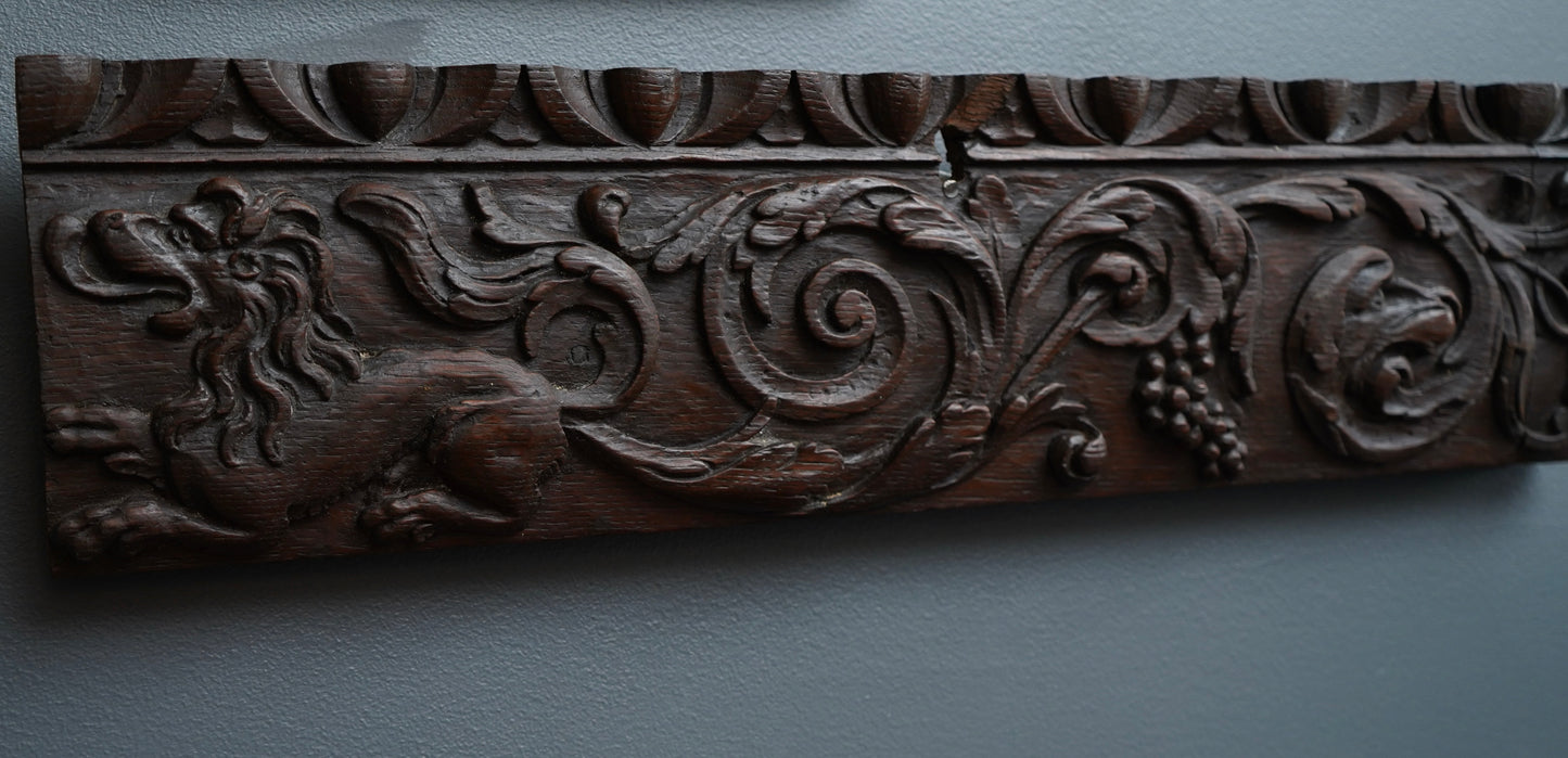 Antique Carved Oak Drawer Front | Renaissance Revival Lion, Grapevine & Acanthus | Architectural Salvage Wall Plaque c.1870–1900