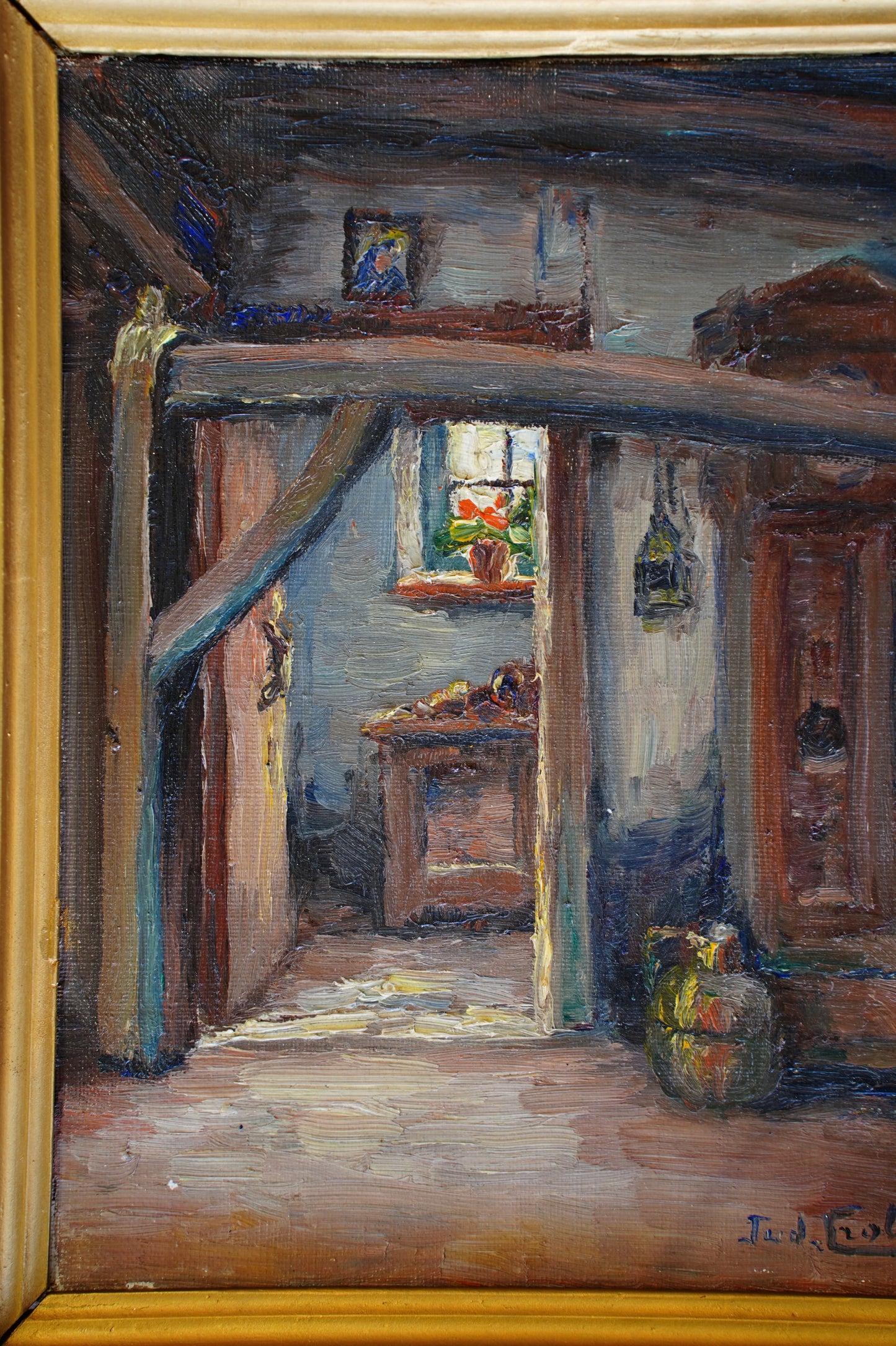 Vintage Flemish Interior Oil Painting, Cottage Doorway with Geranium