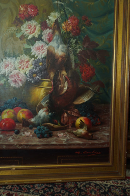 Signed Still Life with Game Birds, Fruit, and Floral Urn Attributed to Max Albert Carlier