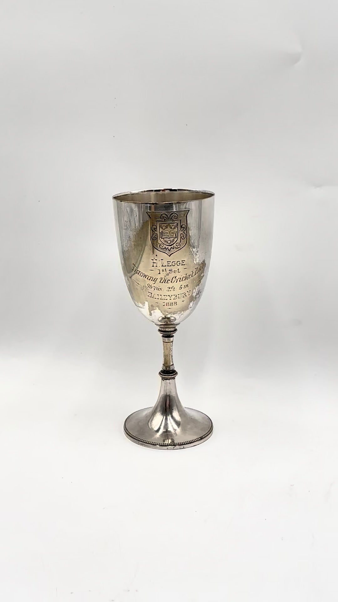 Antique English Silver Plated Trophy Goblet, "Haileybury College Throwing Cricket Ball Trophy Victorian 1888"