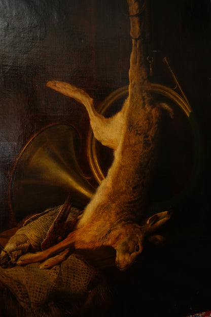 Antique Large 19th Century Continental Hunting Still Life Oil Painting, Hare and Horn