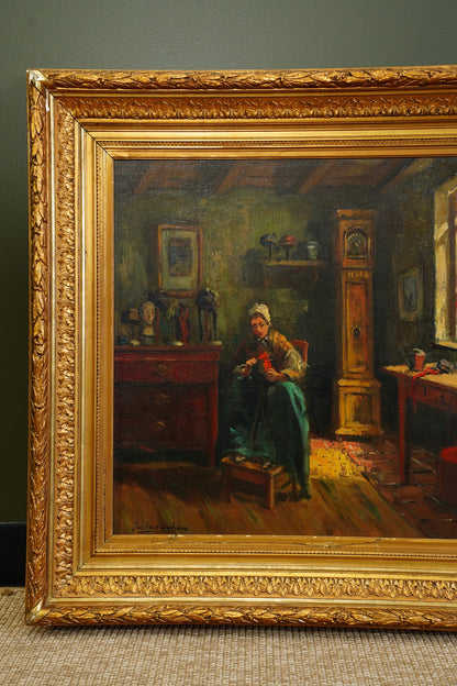 Antique Belgian Interior Oil Painting