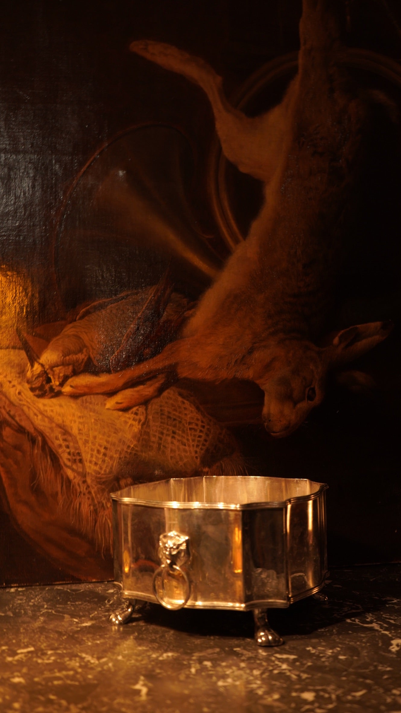 19th Century Game Hunt Rabbit Oil Painting, Large Unframed European Hunt Old Masters Oil Painting