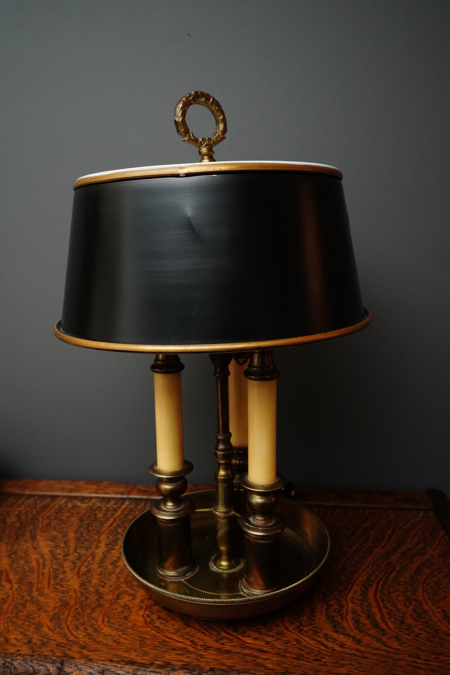 French Bouillotte-Style Three-Light Tole Shade Table Lamp, Black and Brass