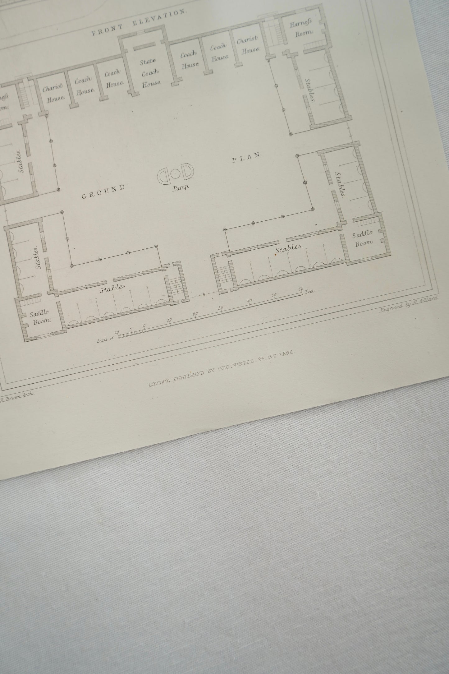 Antique Royal Palace Stables Architectural Engraving, Plate III, J. Le Keux, c. 1830–1860