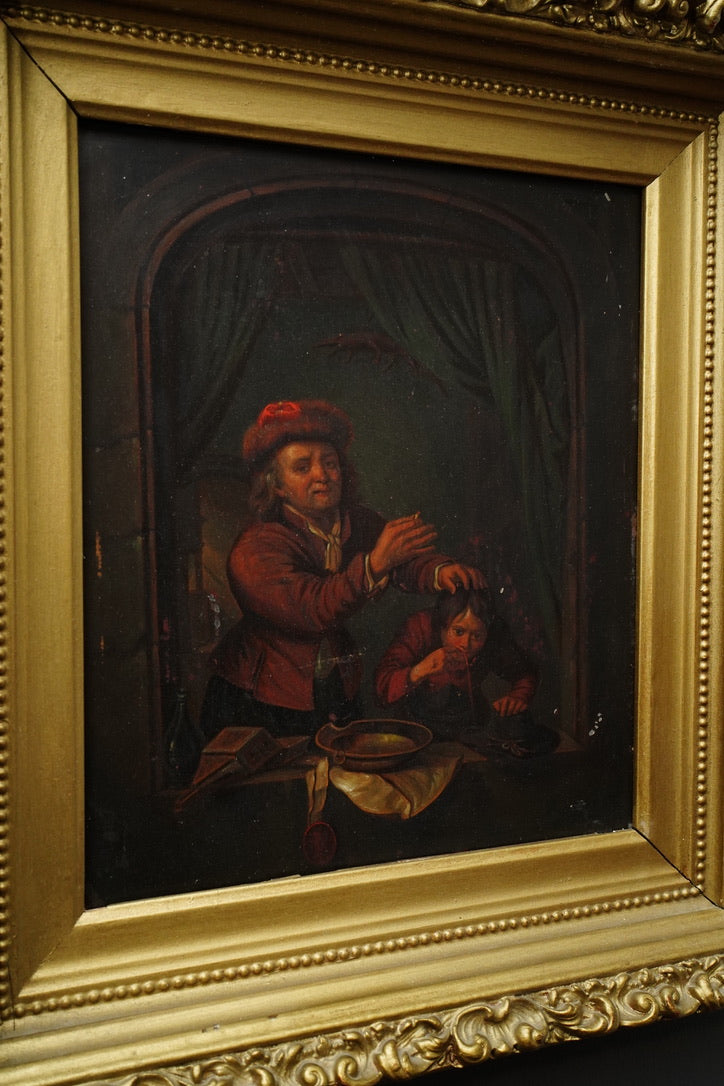 Antique Dutch Genre Oil on Metal Painting, “The Scholar” Pendant to “The Dentist”