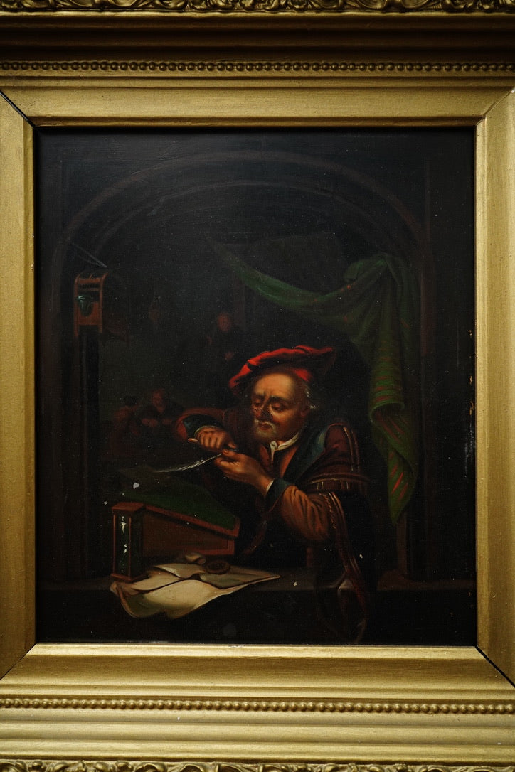 Antique Dutch Genre Oil on Metal Painting, “The Scholar” Pendant to “The Dentist”
