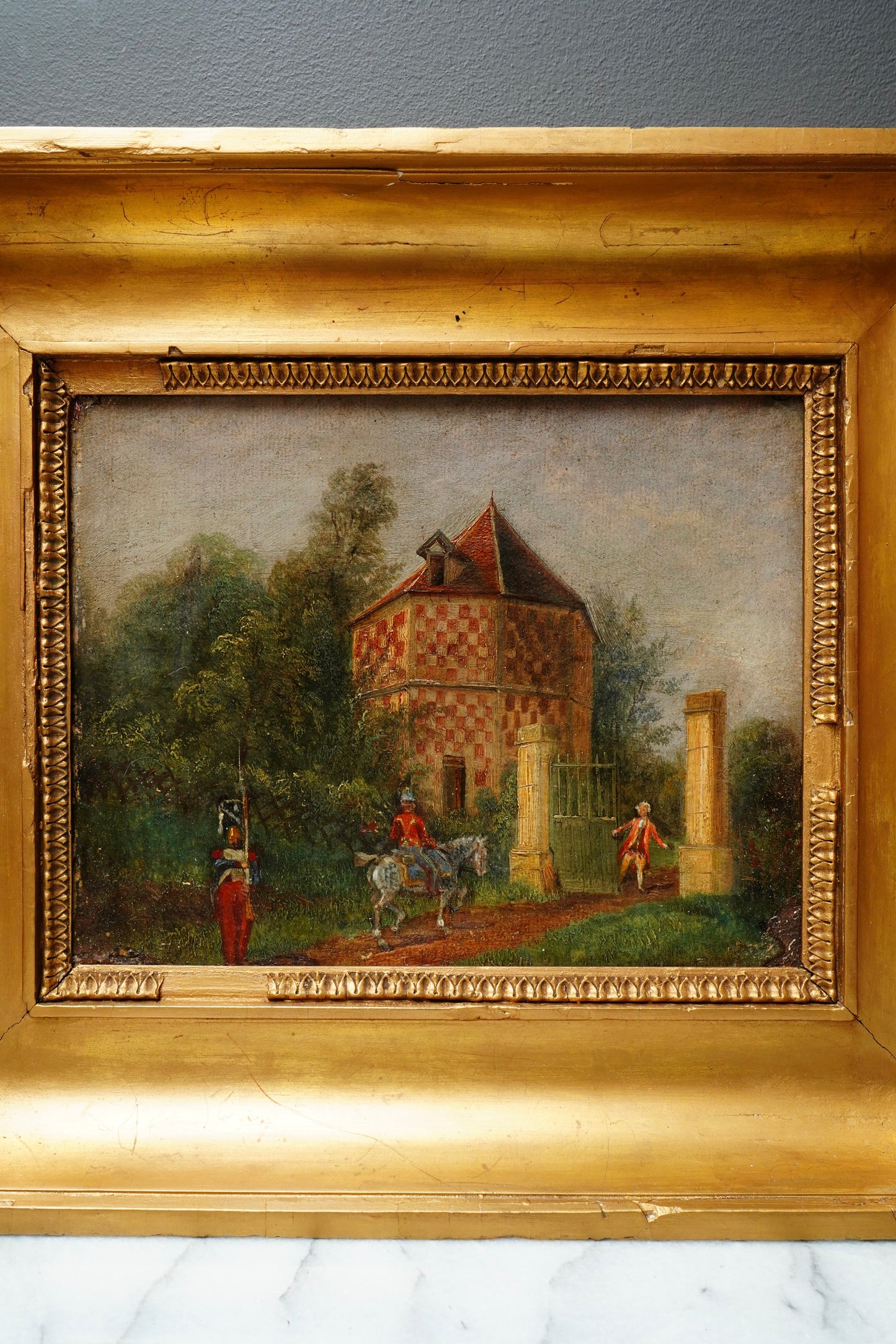 Antique French Genre Oil Painting of Estate Gate and Figures | 19th Century Oil on Canvas