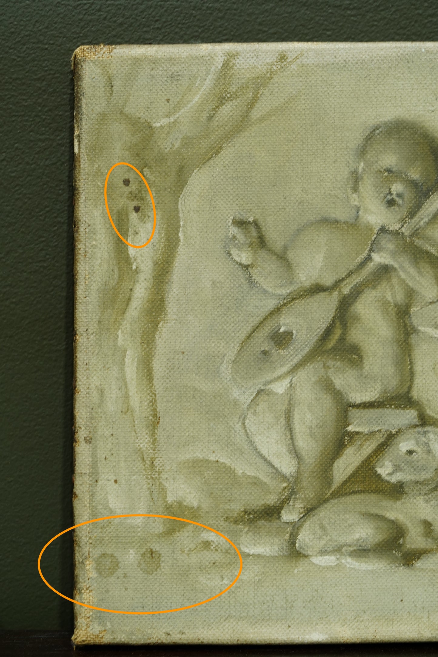 Antique Belgian Cherub Oil Painting, Putti and Lion Grisaille Panel