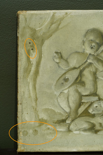 Antique Belgian Cherub Oil Painting, Putti and Lion Grisaille Panel