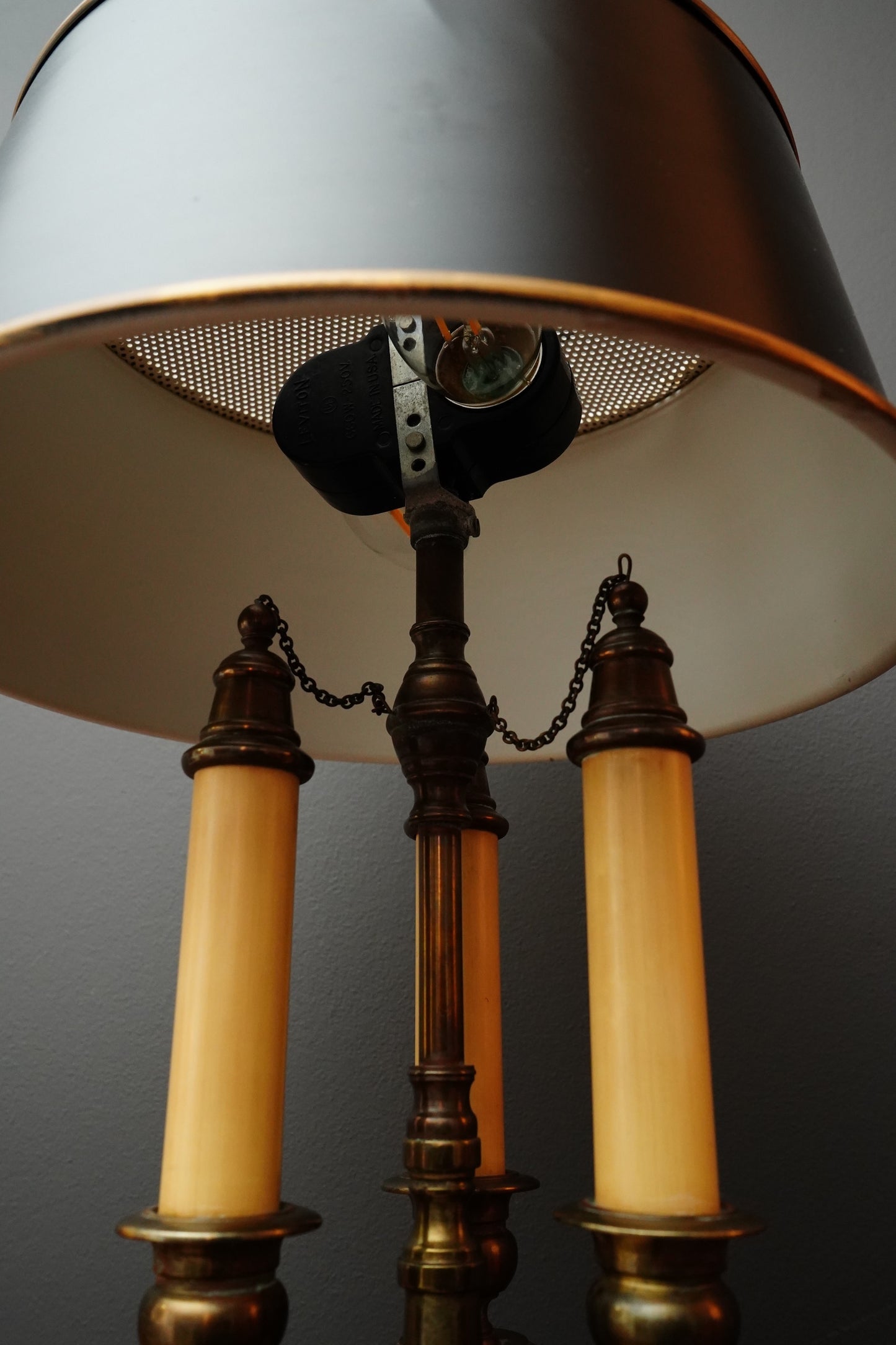 French Bouillotte-Style Three-Light Tole Shade Table Lamp, Black and Brass