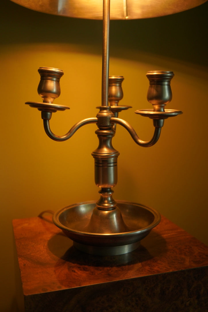 Bouillotte-Style Pewter Lamp with Adjustable Metal Shade & Dual Light Settings