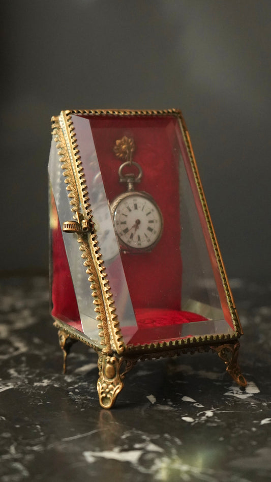 Late 19th-Century Swiss “Ancre de Précision” Ladies’ Pocket Watch with French Ormolu Beveled-Glass Display Casket, c. 1890–1910