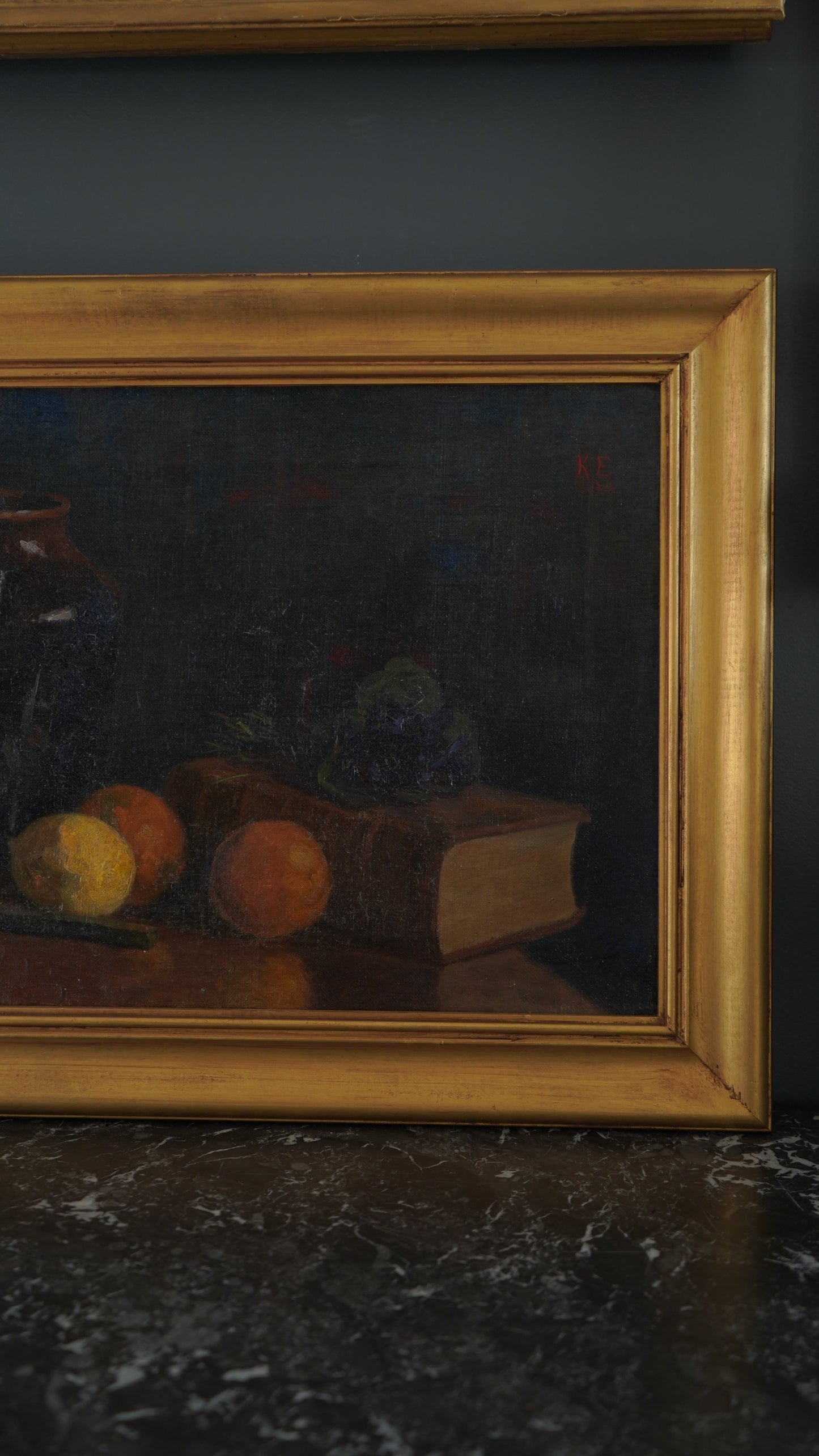 Antique 1905 Oil Painting Still Life with Fruit, Book & Earthenware Jar | Signed K.E.