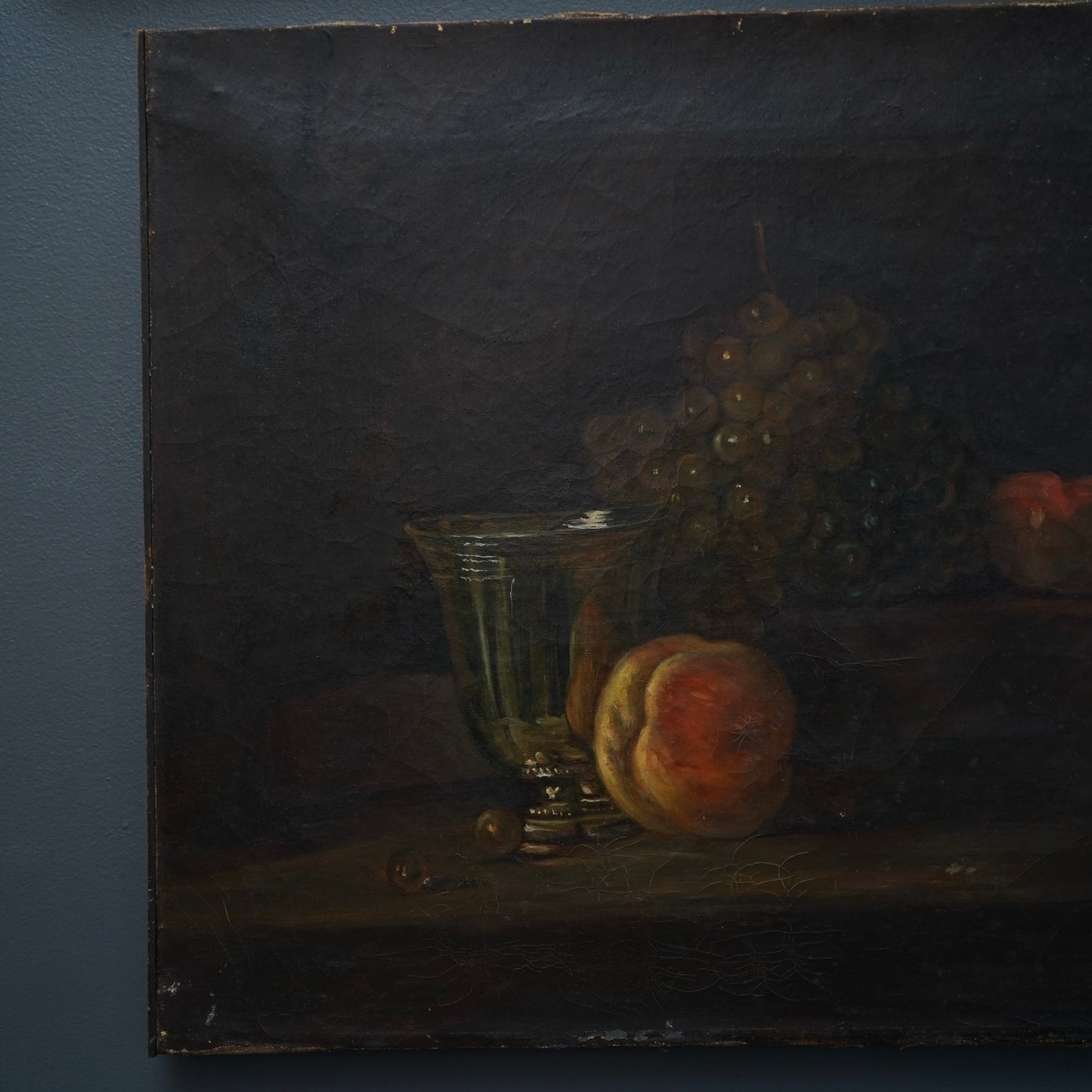 Early 20th Century Oil Painting After Chardin – Still Life with Silver Goblet, Peach & Grapes