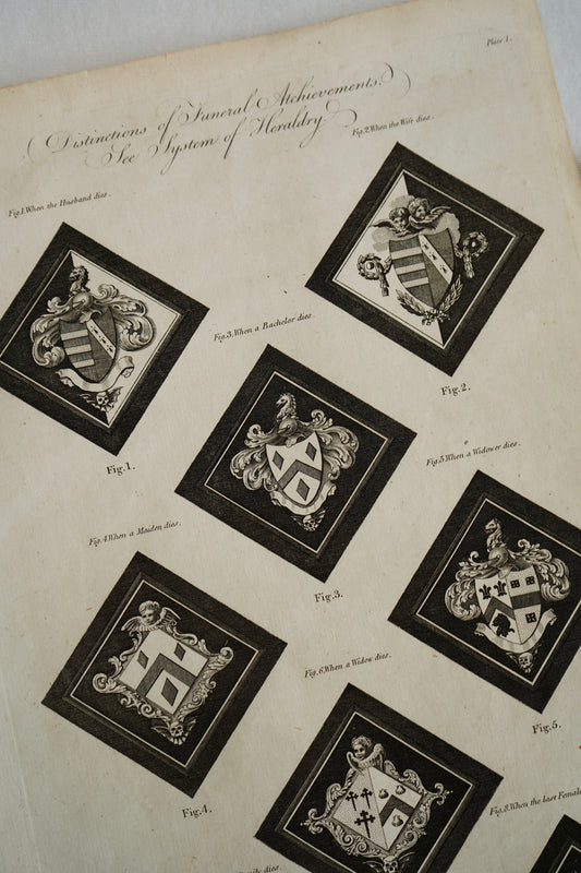 Antique Georgian Heraldry Engraving, Funeral Hatchments Diagram, c. 1790s, Plate 1