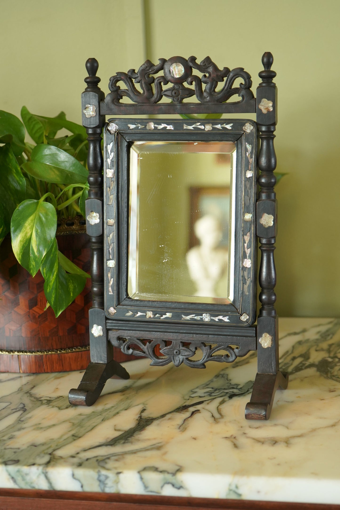 Antique Ebonized Wood & Mother-of-Pearl Vanity Tabletop Mirror