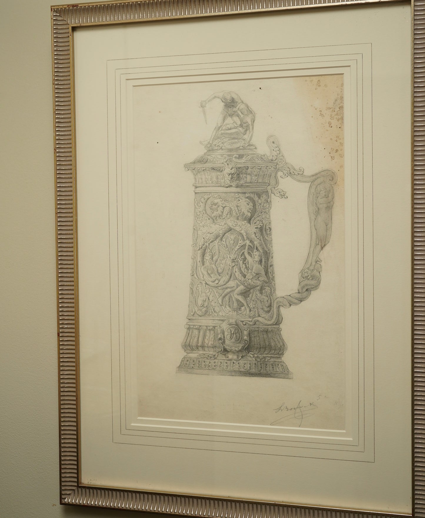 Henry Bouvet (French, 1859–1945) – Study of a Tankard, Signed Pencil Drawing on Paper, Framed