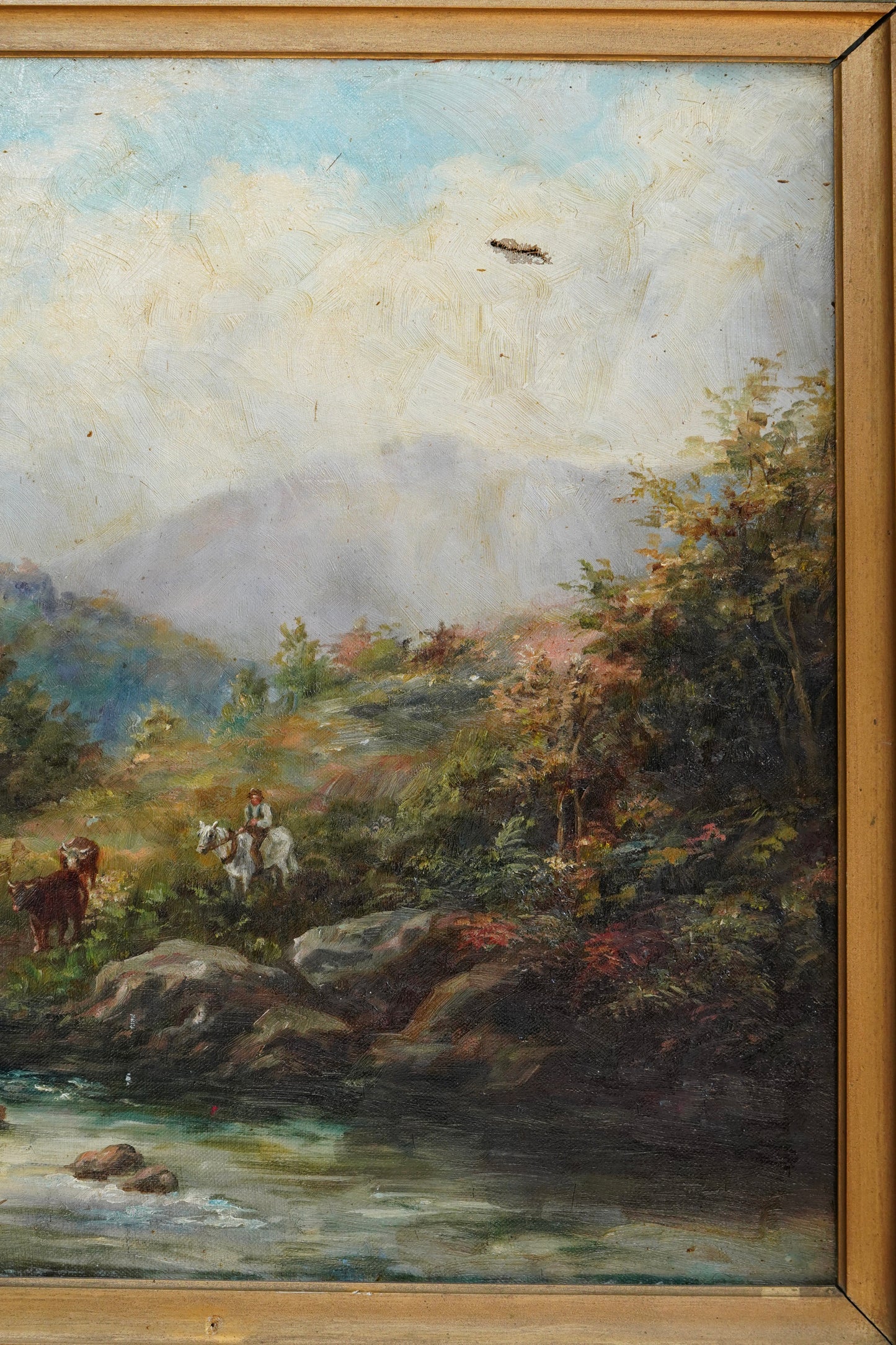 19th Century British River Landscape with Cattle and Drover, Oil on Canvas