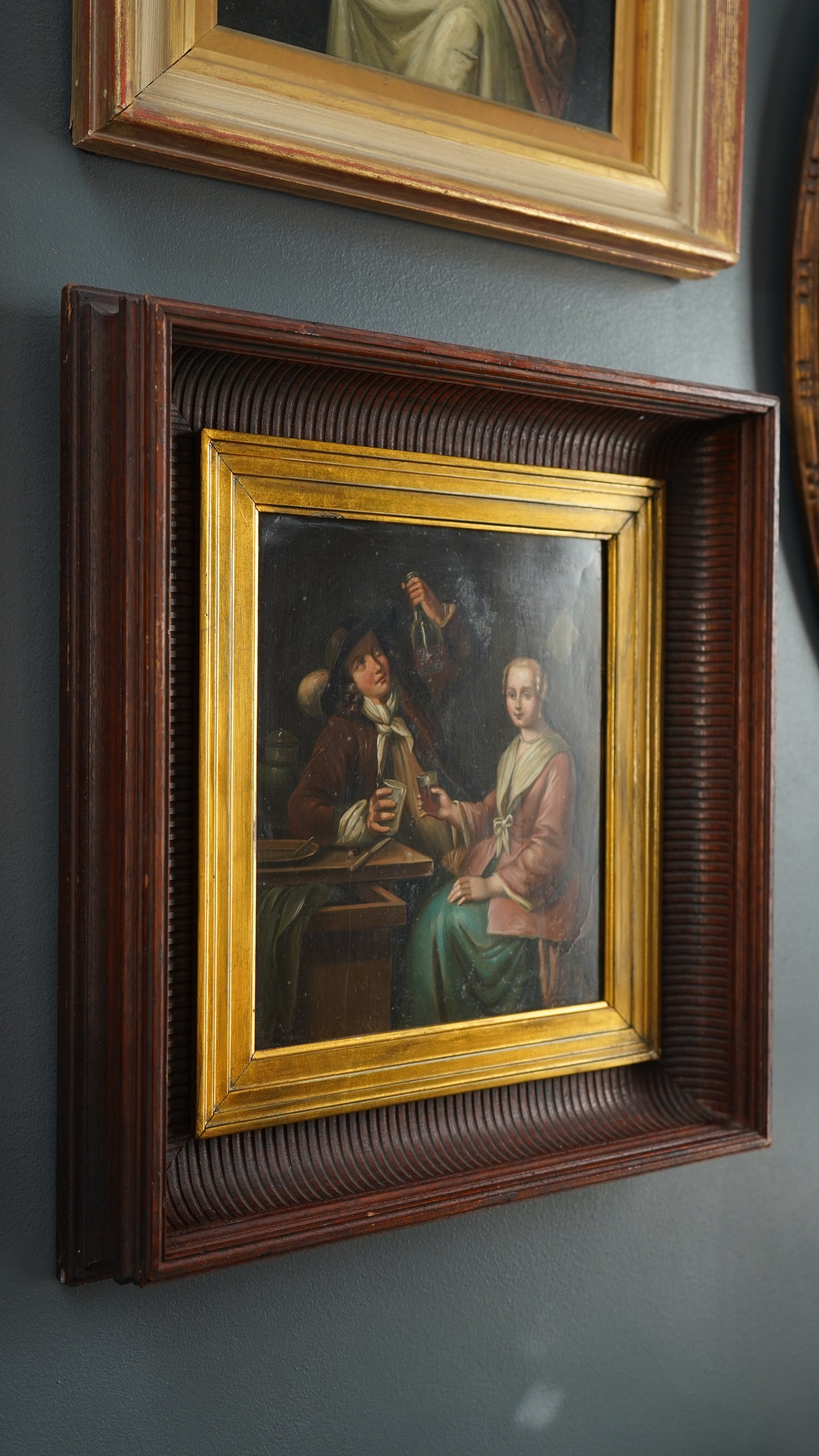 Antique Dutch Tavern Scene Oil Painting on Tin | 19th Century Genre Artwork in Ornate Frame