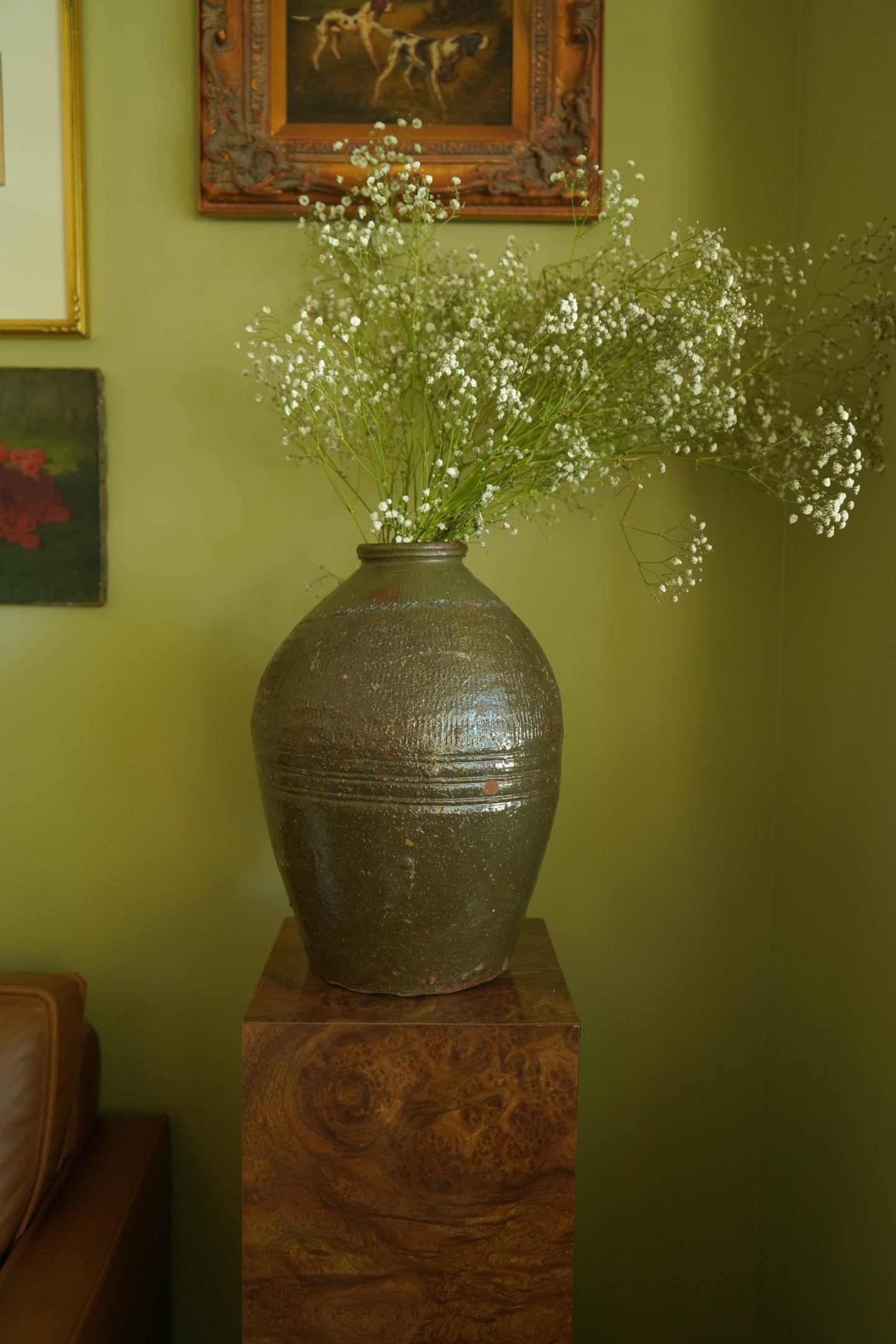 Vintage Chinese Stoneware Oil Jar with Ash Glaze, Rustic Pottery Vessel, 14.25 Inches