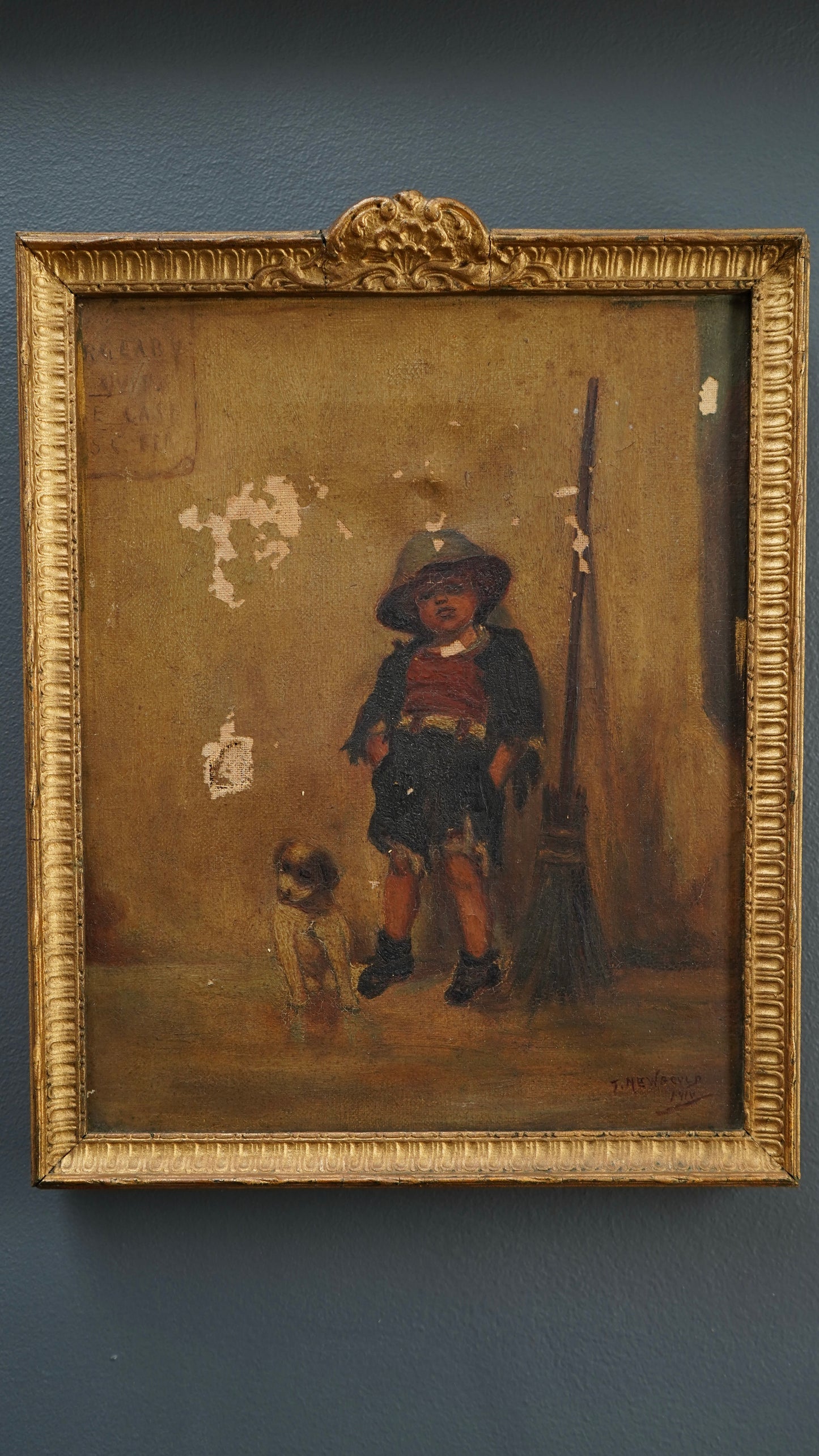 British School Oil Painting of Street Sweeper Boy with Dog, c. 1890–1915