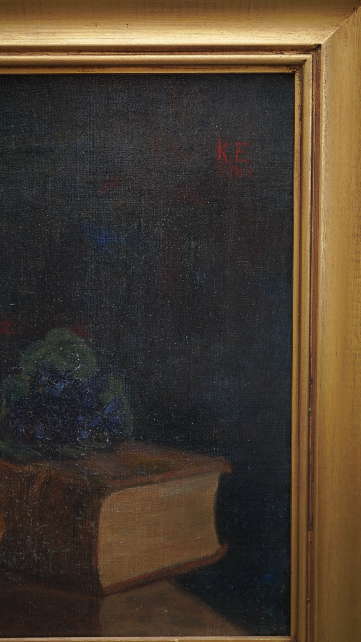 Antique 1905 Oil Painting Still Life with Fruit, Book & Earthenware Jar | Signed K.E.