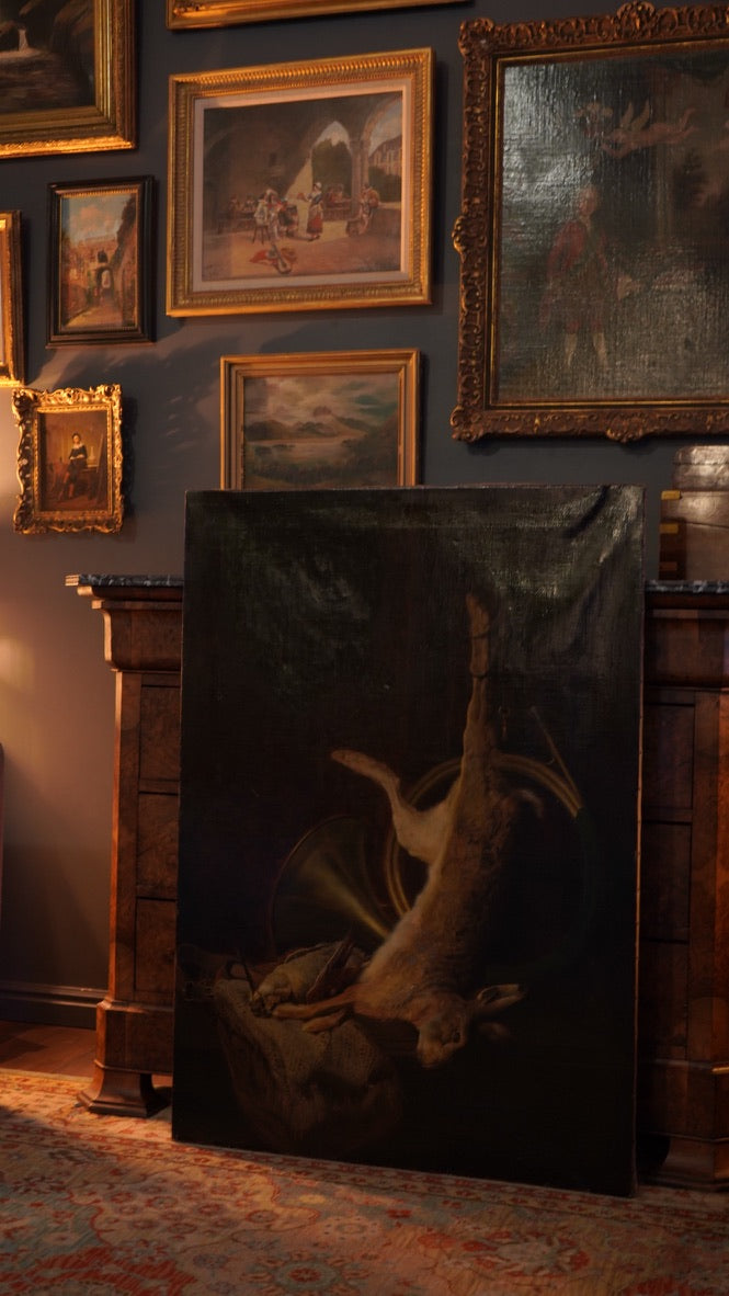 19th Century Game Hunt Rabbit Oil Painting, Large Unframed European Hunt Old Masters Oil Painting