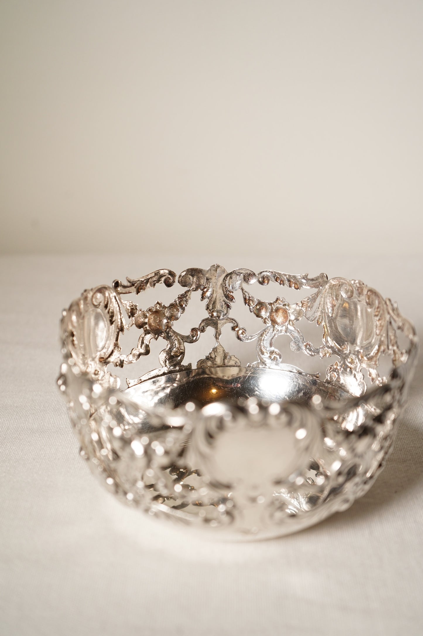 Antique Sterling Silver Rococo Revival Reticulated Bowl with Monogram, American Gilded Age Circa 1890