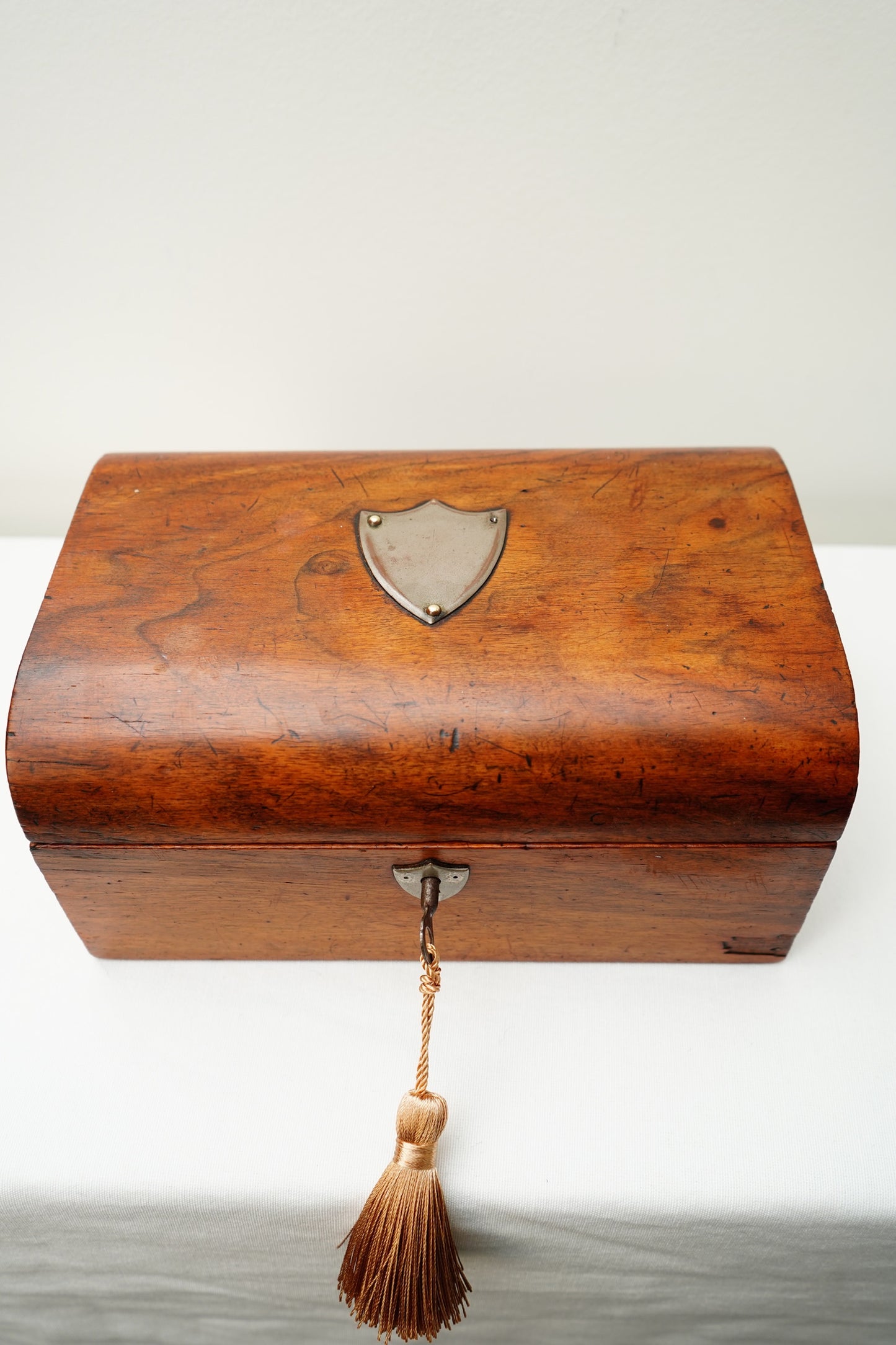 Antique English Dome-Top Walnut Veneer Jewelry or Stationery Box with Key, c. 1880–1910