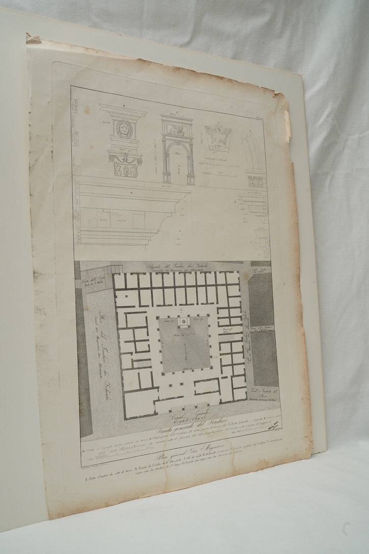 Antique Venetian Architectural Engraving, Fondaco dei Tedeschi Plan, Dionisio Moretti