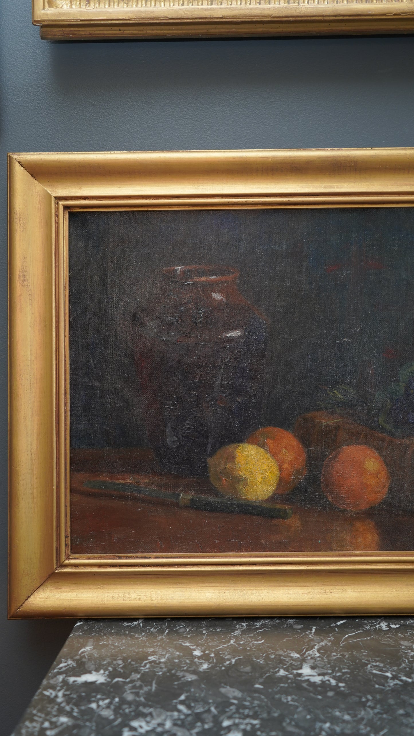 Antique 1905 Oil Painting Still Life with Fruit, Book & Earthenware Jar | Signed K.E.