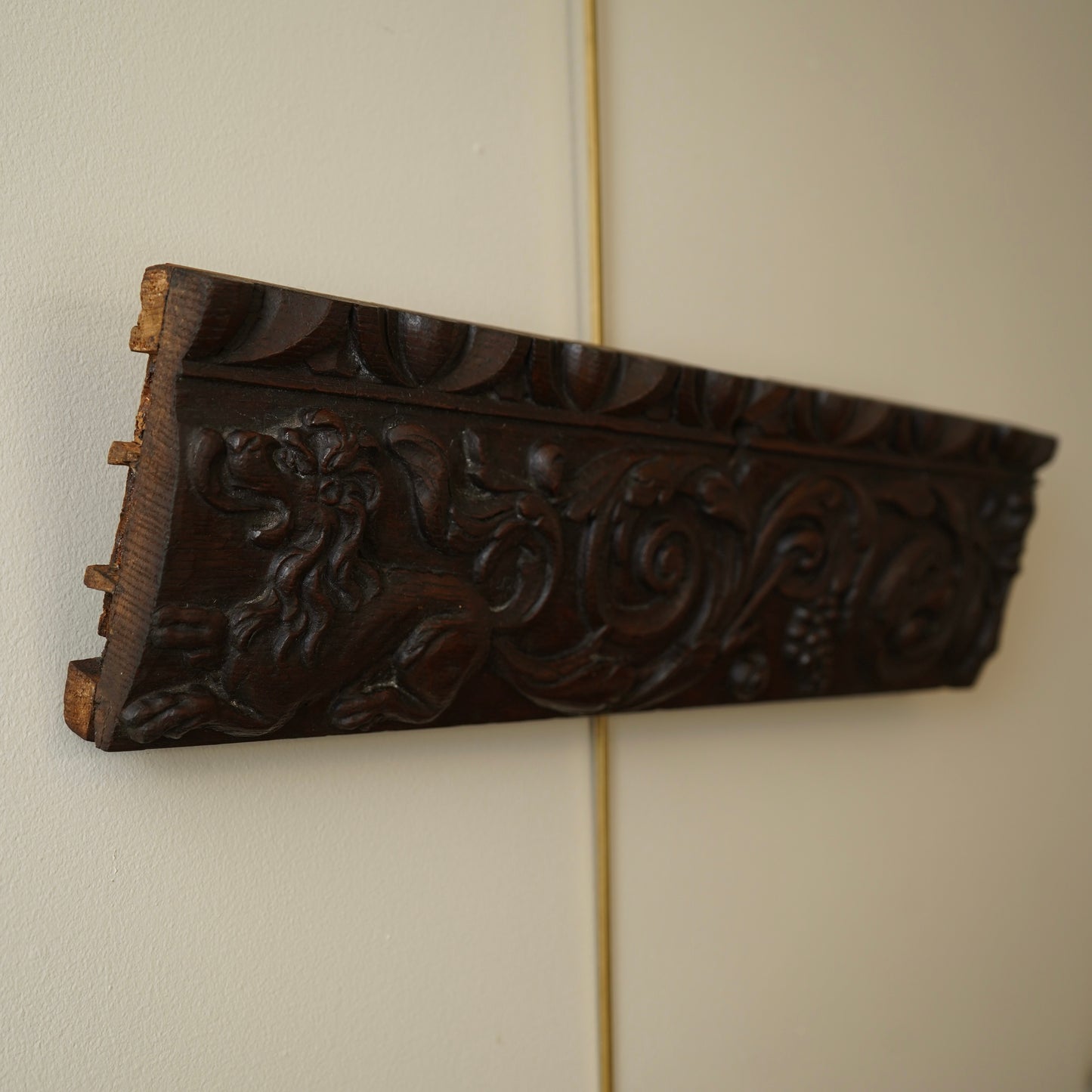 Antique Carved Oak Drawer Front | Renaissance Revival Lion, Grapevine & Acanthus | Architectural Salvage Wall Plaque c.1870–1900