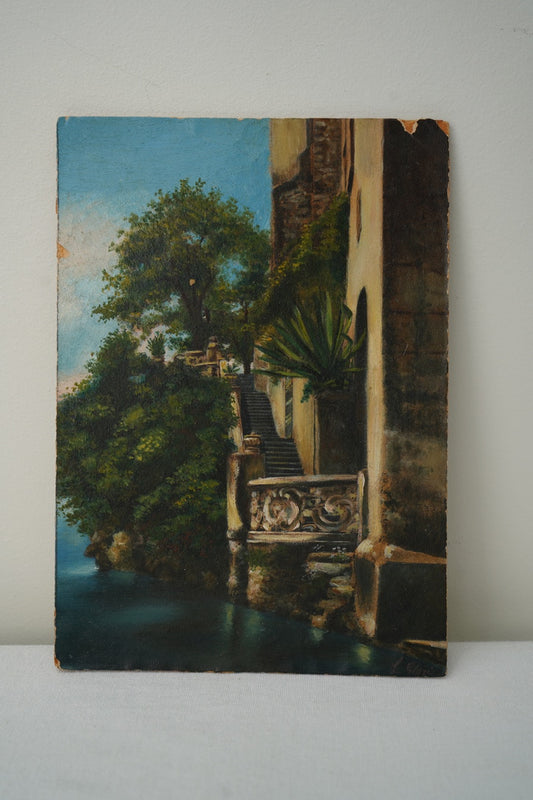 Early 20th Century Italian Lakeside Oil Painting on Board, Cabinet Scale