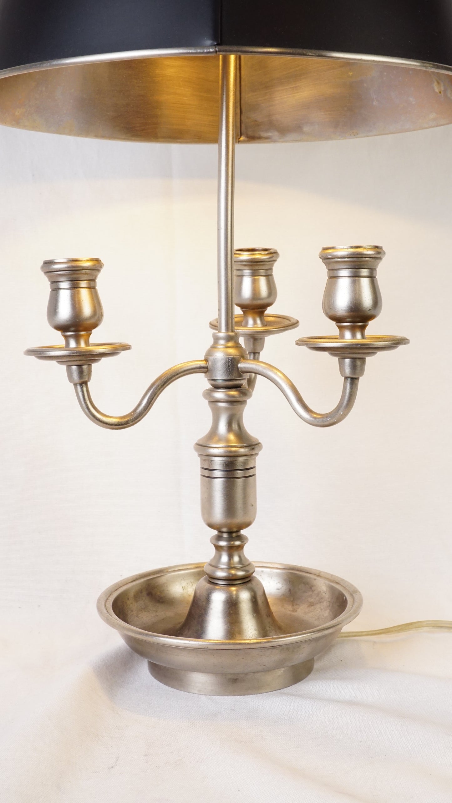 French Bouillotte Style Pewter-Toned Table Lamp with Adjustable Black Tole Shade