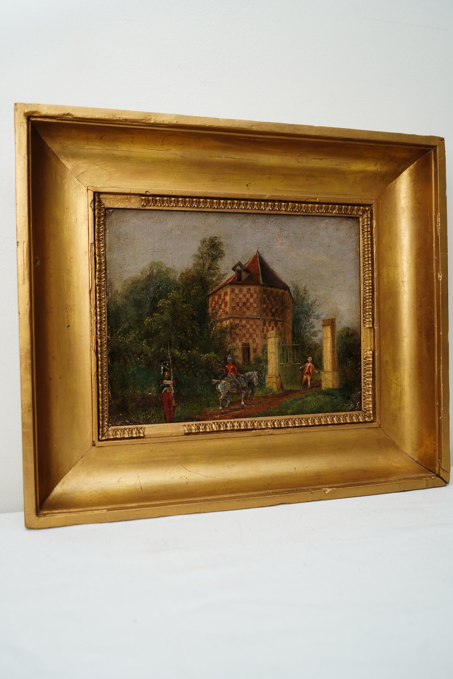 Antique French Genre Oil Painting of Estate Gate and Figures | 19th Century Oil on Canvas