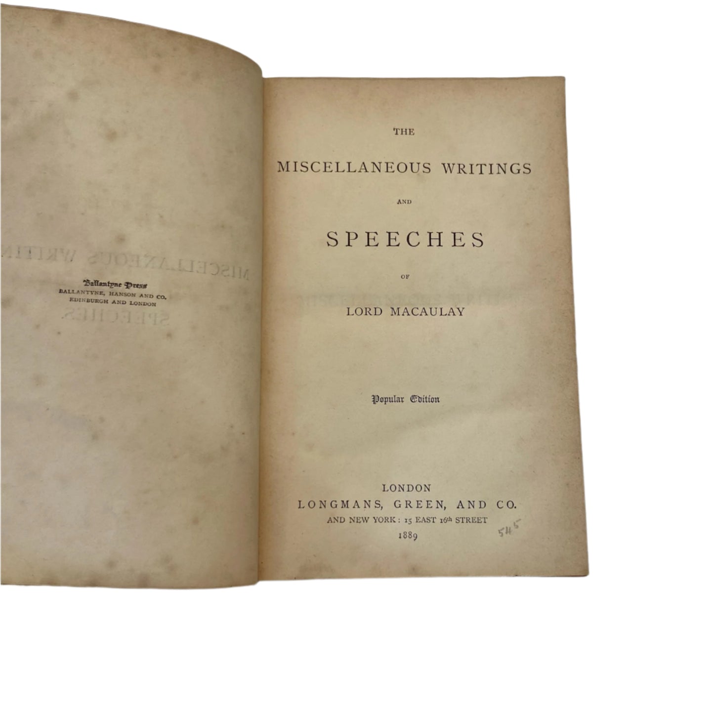 1889 "The Miscellaneous Writings and Speeches of Lord Macaulay" Full Caramel Brown Leather Book