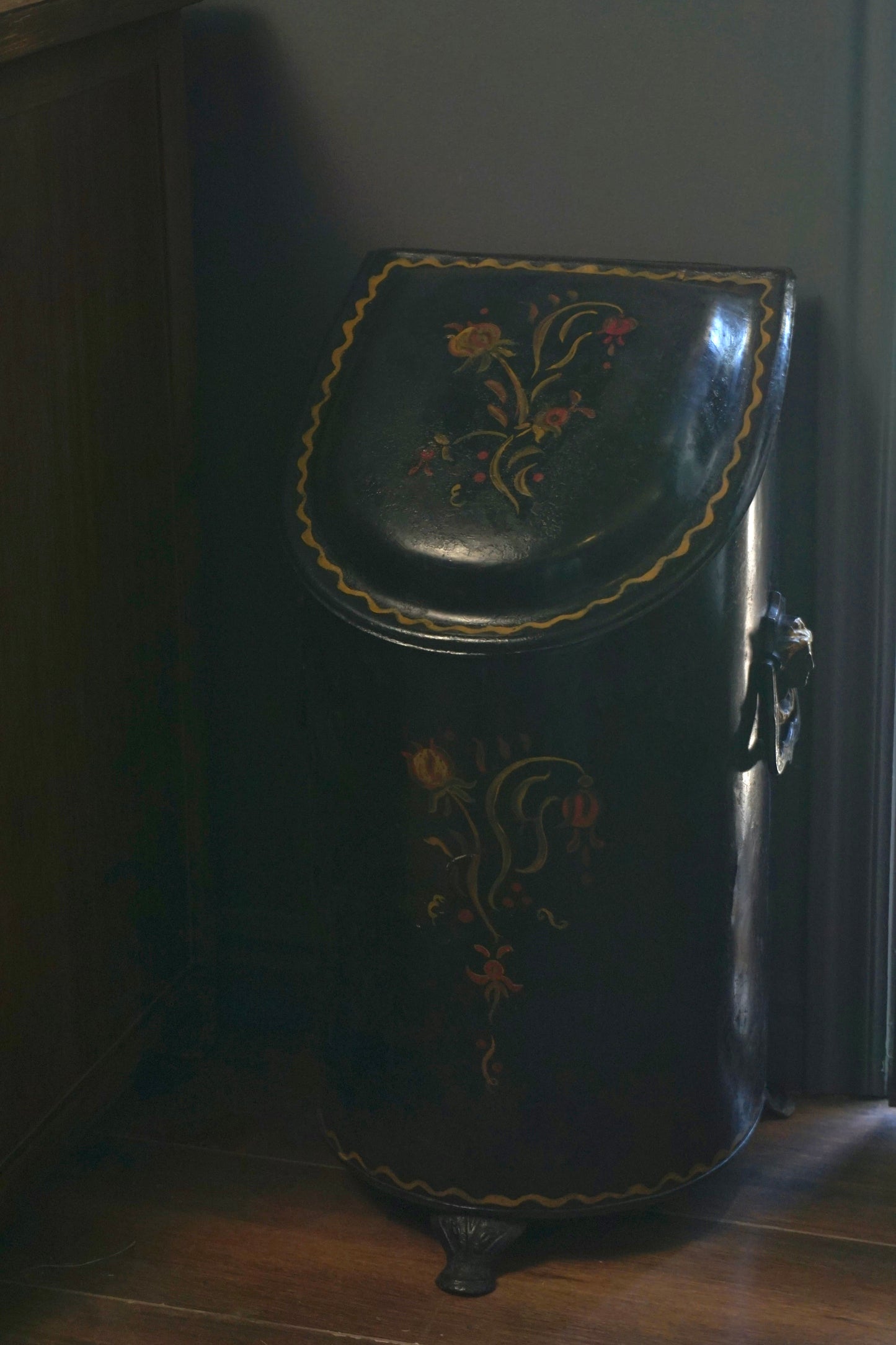 Antique European Hand‑Painted Tole Coal Scuttle | Victorian Fireplace Bucket, c.1880