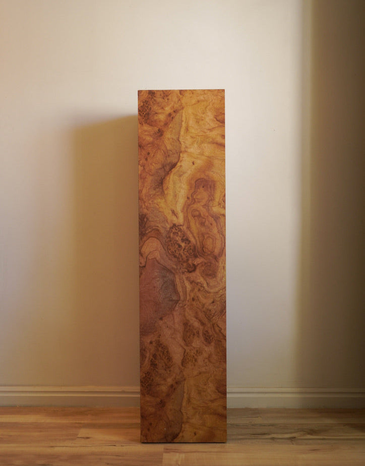 Tall Vintage Faux Burlwood Pedestal – Postmodern Display Plinth in the Style of Milo Baughman (1980s)