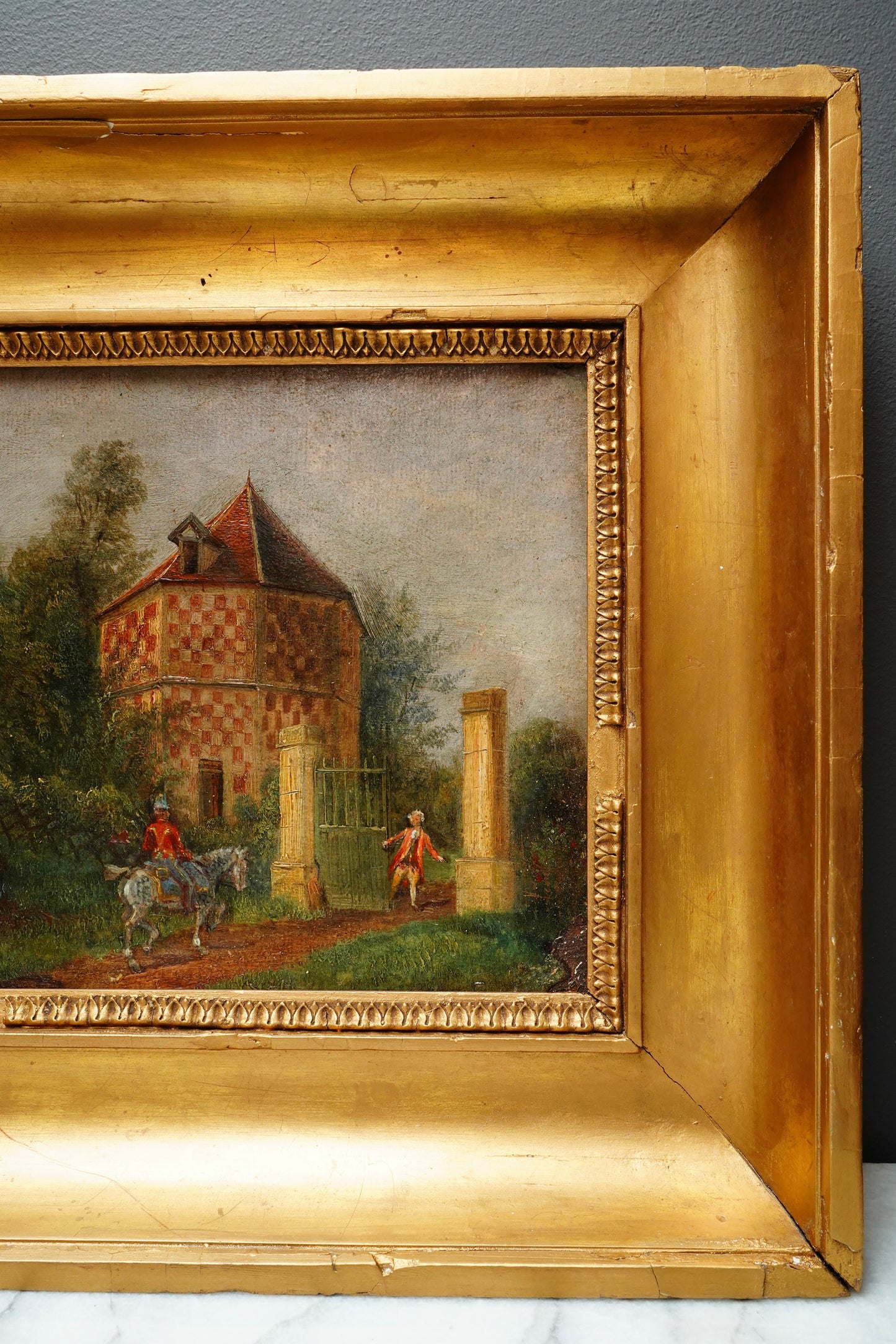 Antique French Genre Oil Painting of Estate Gate and Figures | 19th Century Oil on Canvas