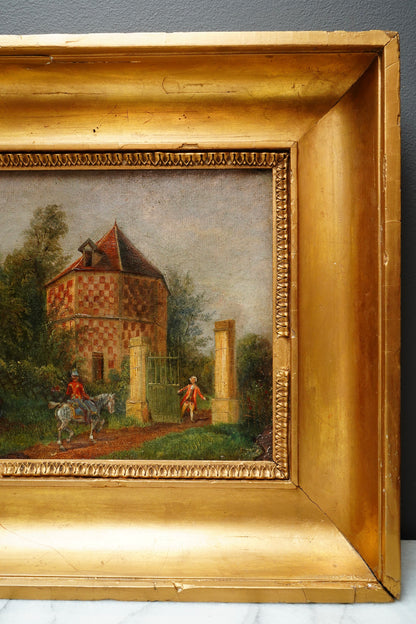 Antique French Genre Oil Painting of Estate Gate and Figures | 19th Century Oil on Canvas