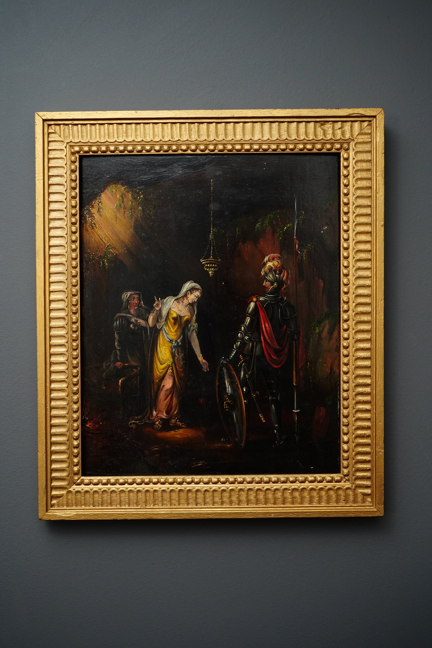 Antique Troubadour Style Chivalric Scene Oil Painting