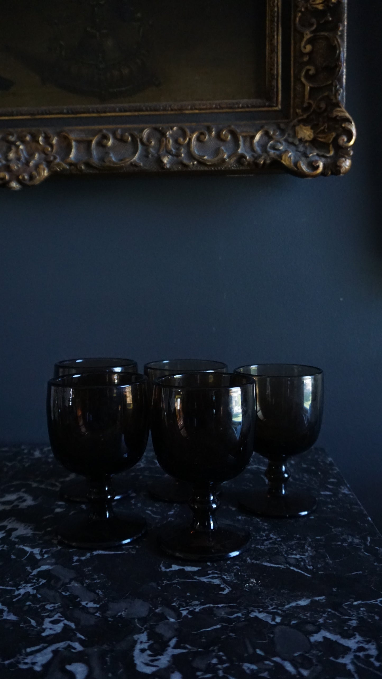 Set of 5 Vintage Mid-Century Smoke Glass Cordial Goblets | Hoffman Style Barware, 1960s–1970s