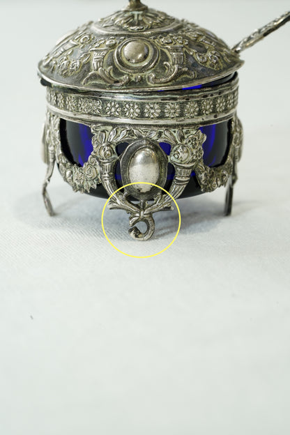 Antique German 800 Silver Salt Cellar Set with Cobalt Glass, Hanau