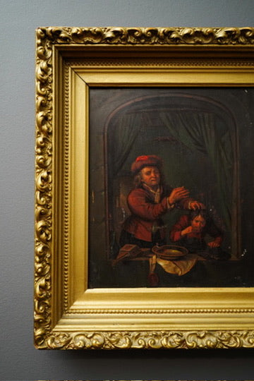 Antique Dutch Genre Oil on Metal Painting, “The Scholar” Pendant to “The Dentist”