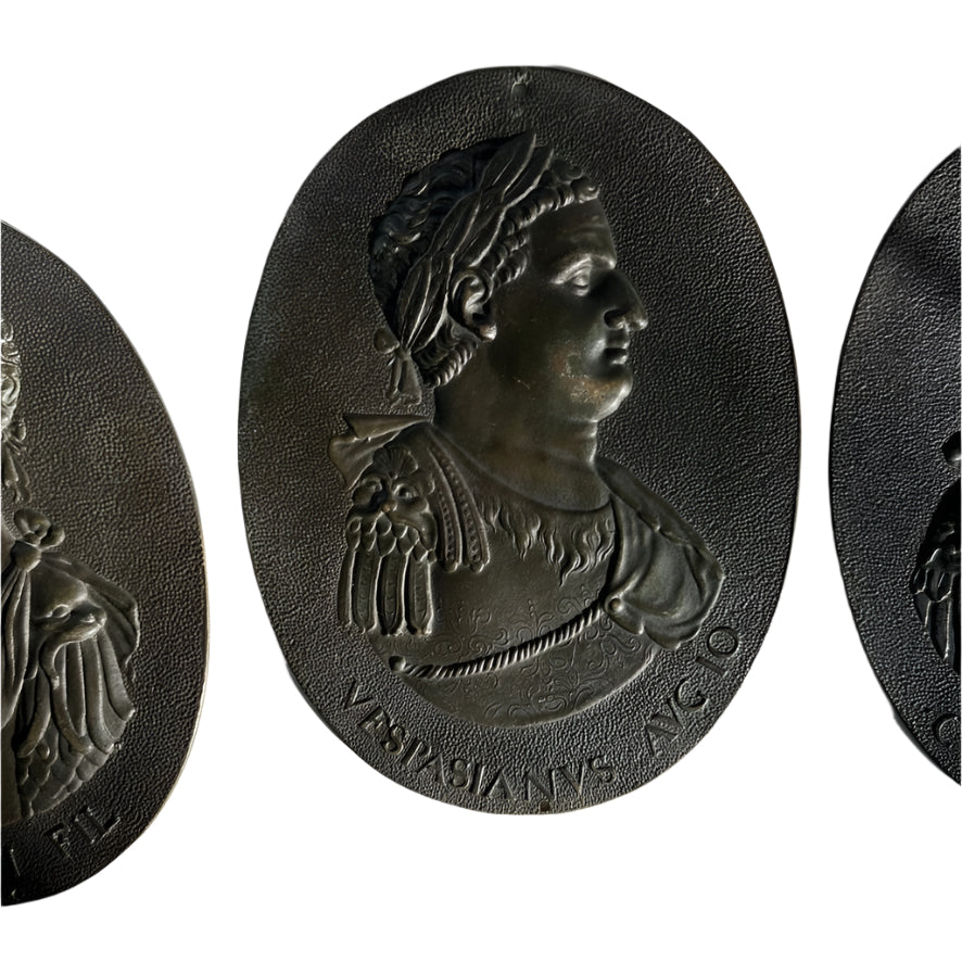 Set of 3 Antique Grand Tour Bronze Portrait Plaques – Roman Emperors Vespasian & Augustus, 19th Century Italian