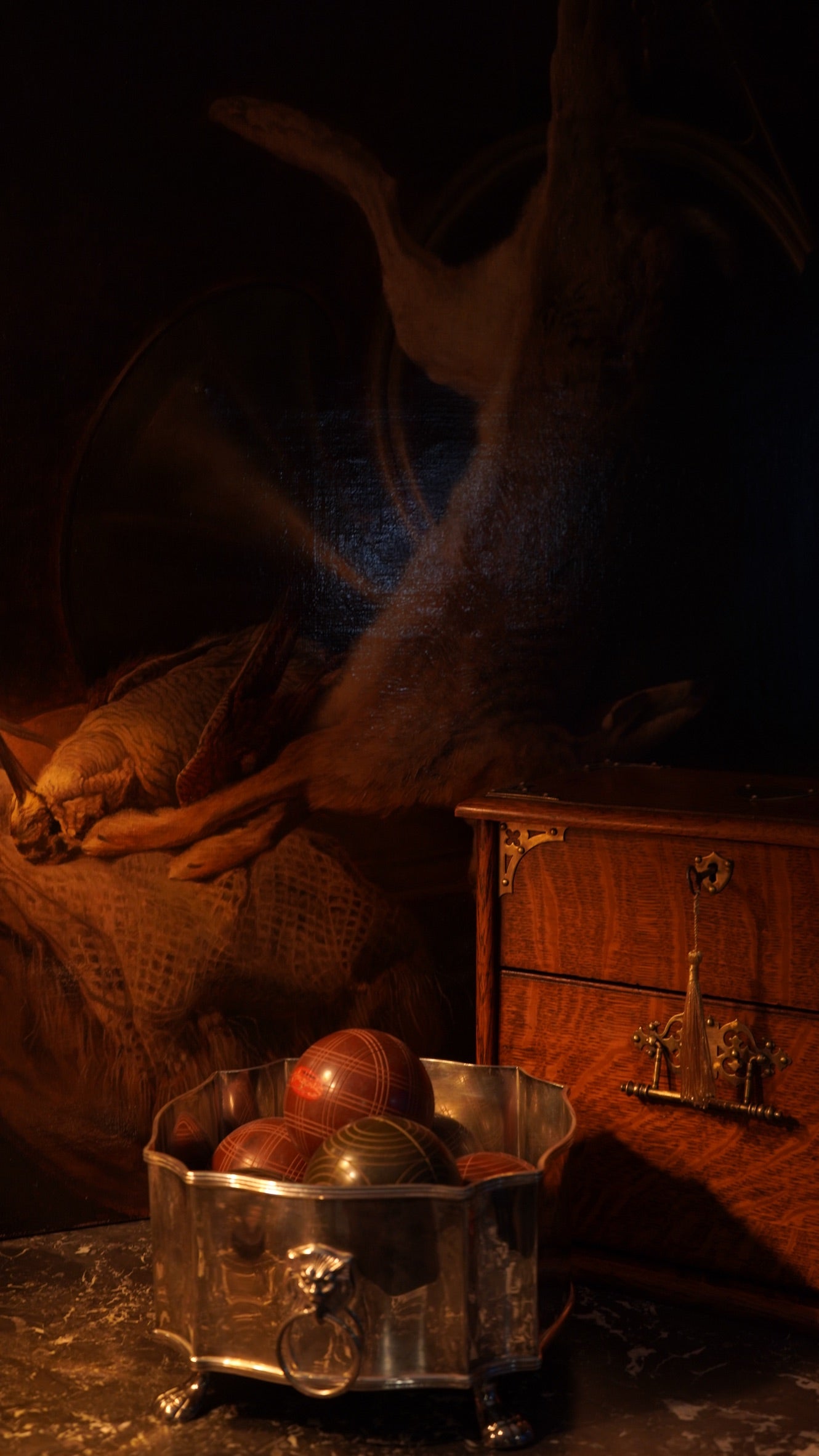 19th Century Game Hunt Rabbit Oil Painting, Large Unframed European Hunt Old Masters Oil Painting