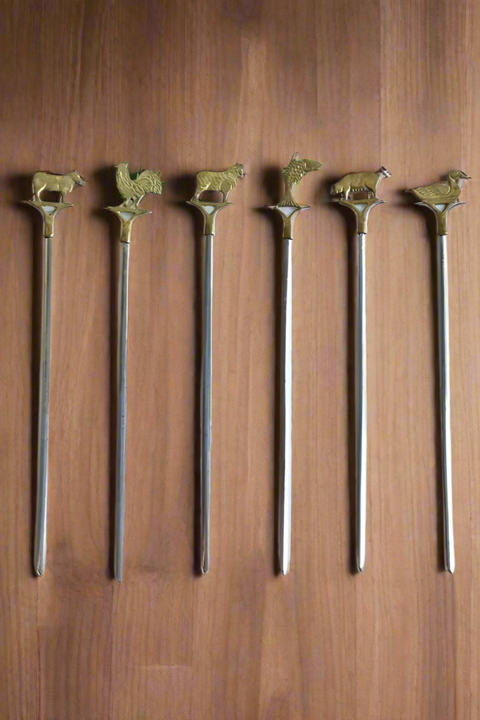 Mid-Century Brass Animal Meat Markers – Set of 6 Carving Skewers